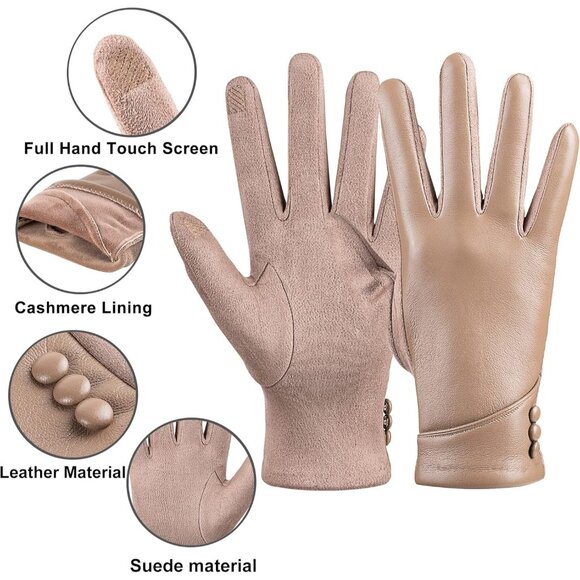 Women's Beige Winter Leather Touch Screen Wool Lined Windproof Warm Dress Gloves - Picture 4 of 7